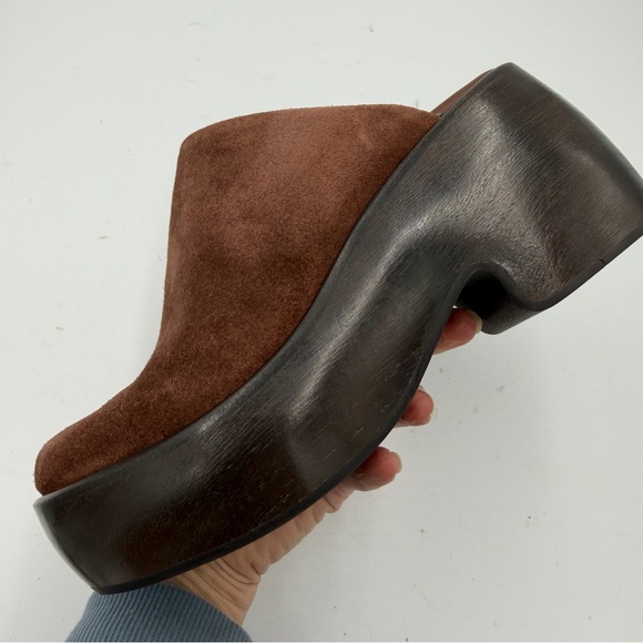 Everlane Dark Umber Brown Suede Wooden Puffa Platform Clog 5 - Picture 8 of 14